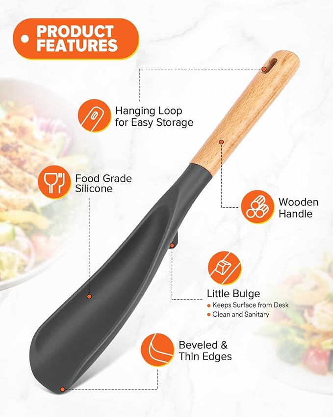 Cooking Spoon and Scraper for Nonstick Cookwares, Great for Cooking and Serving Durable BPA-Free Matte Silicone, Wood Handle Multifunction Spoon for Mixing, Scoop, and Scrape (GREY)