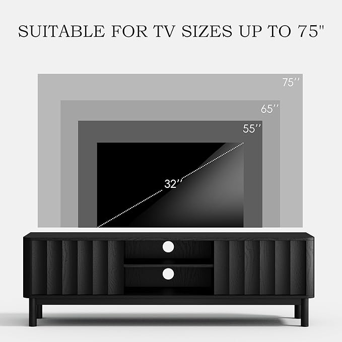 Black Mid Century Modern TV Stand, Wood Fluted Living Room TV Stands with Storage Sliding Doors, Desert-Inspired Design MCM Entertainment Center for 55 60 65 70 75 55+ 60+ 65+ 70+ Inch