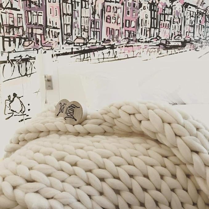 Chunky Knit Blanket Hand Made Merino Wool Throw Boho Bedroom Sofa Home Decor Giant Yarn(Ivory White 47"x71")