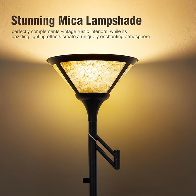 Floor Lamps for Living Room - 70" Black Torchiere Standing Floor Lamp with White Mica Shade - Tall Corner Lamp Decor for Bedroom with Adjustable Swing Arm LED Reading Light for Home Office