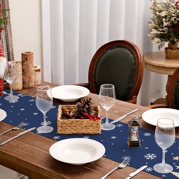 GEEORY Christmas Table Runner 13x36 Inch, Xmas Trees Snowflakes Holiday Decorative Farmhouse Table Decoration for Kitchen Dinning, Indoor Outdoor Dinner Party Decor (Blue) GT151-36