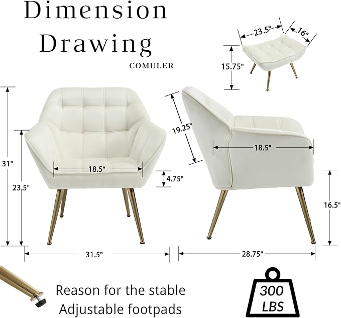 Beige Velvet Accent Chair with Ottoman ，Modern Reading Chair with Ottoman Set, Comfy Fuzzy Armchair Living Room Chair Lounge Chair with Metal Legs for Small Spaces Bedroom Apartment