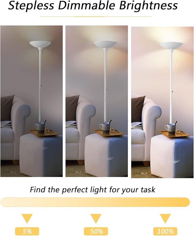 BoostArea Torchiere Floor Lamp, 30W Super Bright LED Standing Lamp, 3000K Stepless Dimmable Pole Lamp with Rotary Switch, 70 Inch Tall Metal Modern White Floor lamp for Living Room/Bedroom/Office/Den