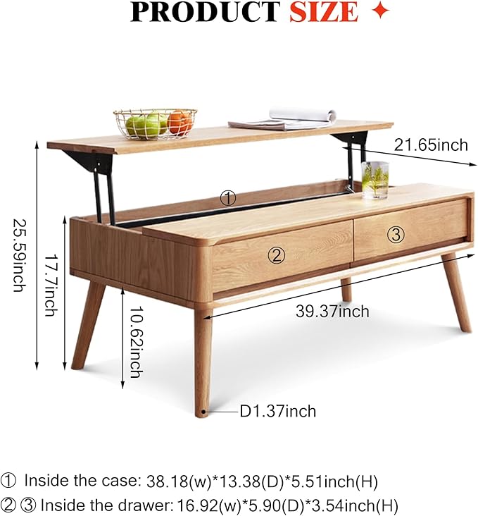 100% Solid Wood Lift Top Coffee Table for Living Room, Mid Century Modern Tables with Drawers and Large Storage, Oak Coffee Tables for Small Spaces (Oak Wood Log, 39.37" W x 21.65" D x 25.59" H)