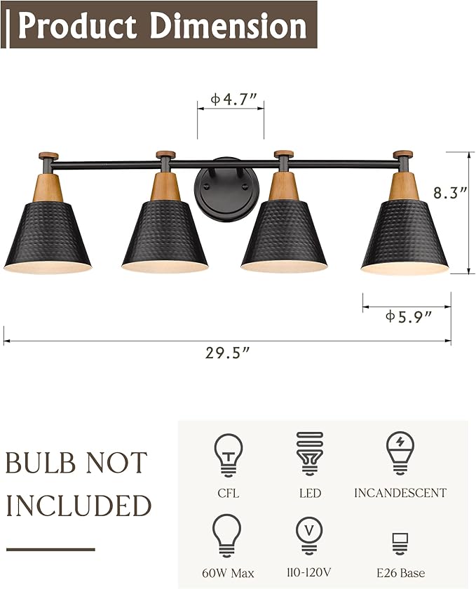 FEMILA Bathroom Vanity Light, 4-Lights Bathroom Light Fixtures Over Mirror, Modern Wall Mounted Lamp, Hammered Metal Shade, 4FG59B-4W BK