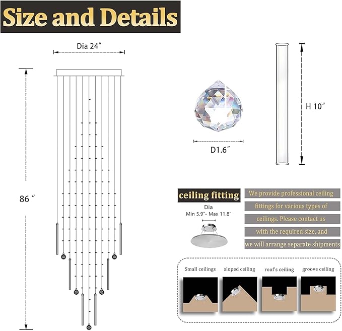 Flashing God D24''XH86'' Modern Foyer Chandelier for High Ceiling Raindrop Crystal Chandelier High Ceiling Pendant Light Fixture for Hallway Living Room (Black Staircase Chandeliers)