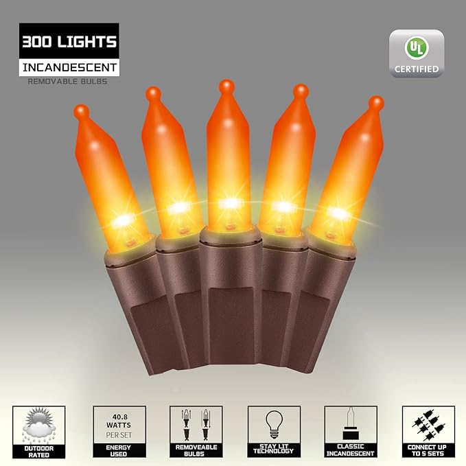 300LIGHTS(2*150L) ORANGE Extra-Bright With End Connectors Halloween Decorative Lights 19.44m UL Certified Mini String Light Set Waterproof for Halloween Home Garden Christmas Tree Party Patio