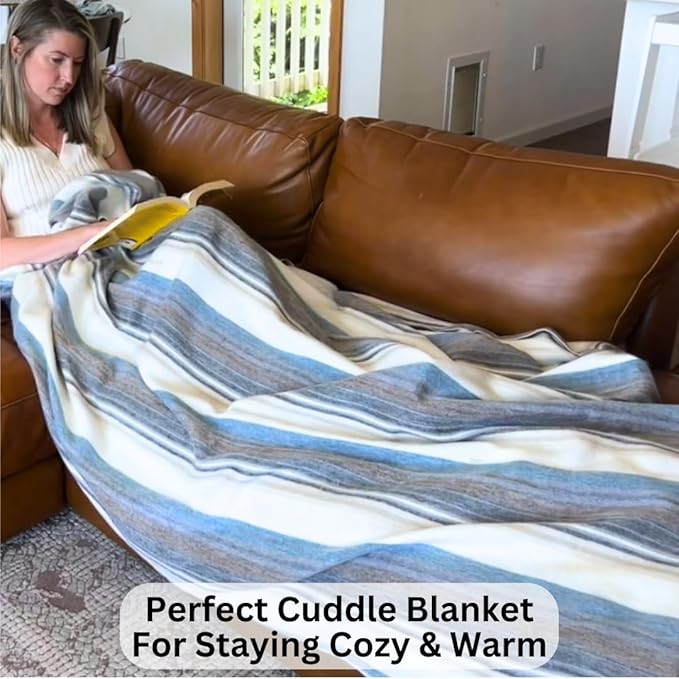 Alpaca Wool Throw Blanket | Super Soft, Lightweight, Breathable and Hypoallergenic | Non-Itchy or Scratchy (Blue White Varicolored, Queen (U.S. Standard))