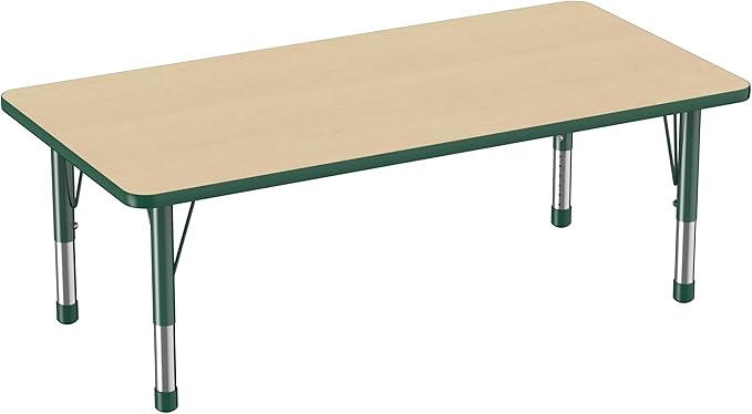 Factory Direct Partners FDP Rectangle Activity School and Classroom Kids Table (30 x 60 inch), Toddler Legs, Adjustable Height 15-24 inches - Maple Top and Green Edge