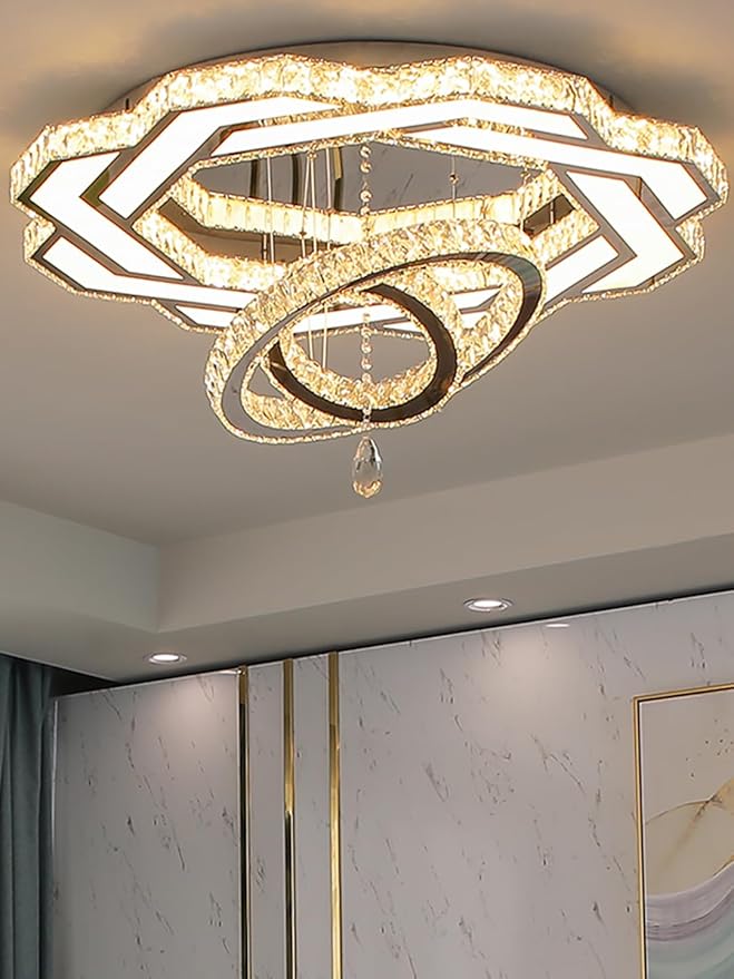 Flashing God Large Crystal Chandelier Dia 48" Silver Chandelier Flush Mount Ceiling Light for Bedroom Living Room Dining Room Hallway Dimmable 3 Rings LED Celing Lighting Fixtures