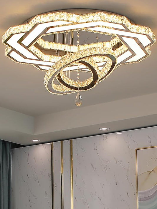 Flashing God Large Crystal Chandelier Dia 48" Silver Chandelier Flush Mount Ceiling Light for Bedroom Living Room Dining Room Hallway Dimmable 3 Rings LED Celing Lighting Fixtures