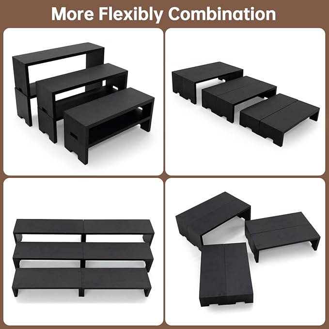Display Wood Risers Wooden Stand 3 Tier Black Wood Racks Decorative Rectangular, 2 Set 6 Piece Cupcake Stands Cologne Perfume Organizer Dessert Showcase(Black)