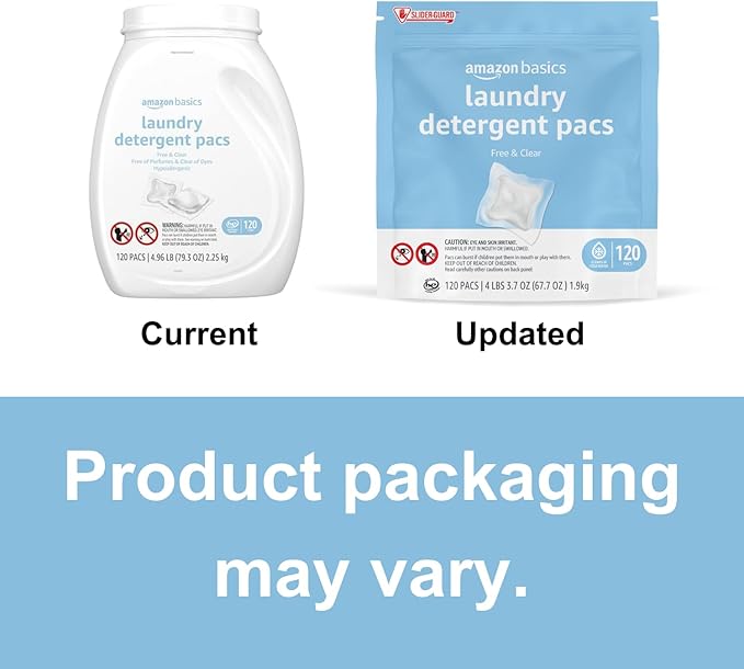 Amazon Basics Laundry Detergent Pacs, Hypoallergenic, Free & Clear, 120 Count (New Packaging)