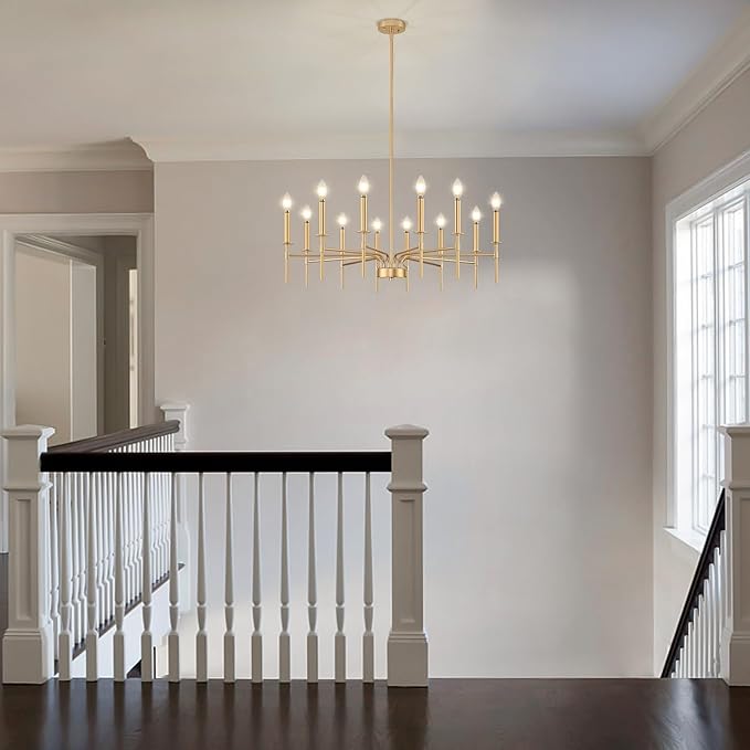 12 Light Gold Chandelier Light Fixture, Modern Farmhouse Chandeliers for Dining Room Light Fixture, Metal Candle Pendant Chandelier for Foyer Entryway Stairs Living Room Bedroom Kitchen