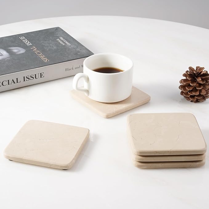 BCS Marble Coasters Set of 5 with Holder, Square Stone Drink Coasters for Coffee, Wine and Cocktails, Non-Slip Durable Cup Mats, Elegant Home, Bar & Kitchen Table Decor (Crema Beige)