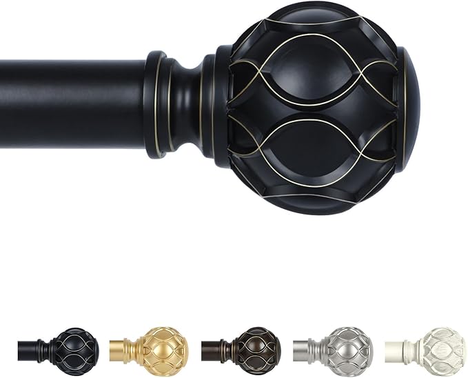 Black Adjustable Curtain Rods for Windows:36-88" Farmhouse Heavy Duty Curtain Rod for Bedroom Living Room,Boho Decorative Rustic Drapery Rods with Vintage Coastal Texture Finial,Matte Black