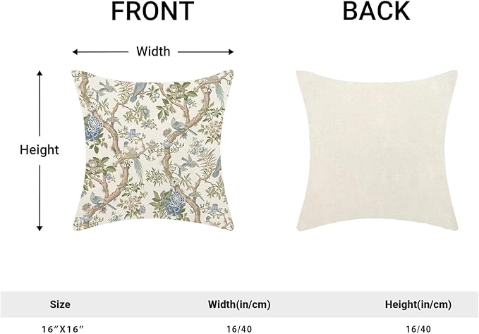 CXMEIFLY Chinoiserie Spring Pillow Covers 16 x 16 Inch Set of 2 for Blue Sage Green Vintage Flowers Bird Decor Throw Pillows Plant Farmhouse Outdoor Decorative Cushion Cases for Couch Bed Decorations