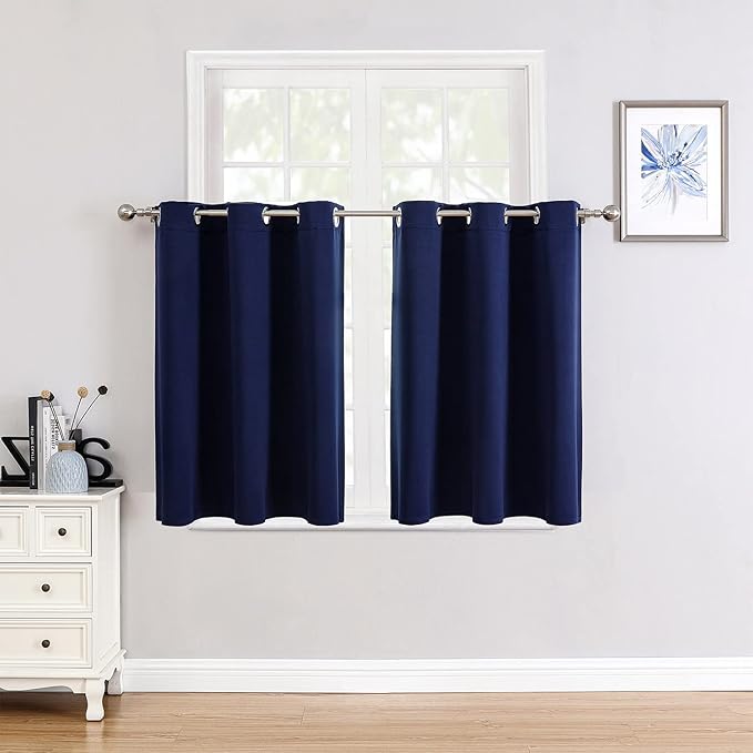 ChrisDowa Small Window Curtains for Kitchen and Bedroom - Grommet Short Thermal Insulated Room Darkening Curtains (2 Panels, Navy Blue, 34 x 36 Inch)