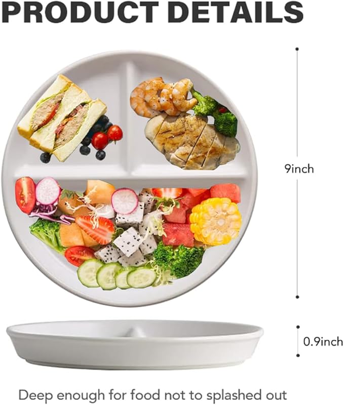9" Unbreakable Divided Plates Set of 5, Wheat Straw Plate Reusable Dinnerware Portion Control Plates, Round Bariatric Plastic Plate for Kids Adults, BPA-free, Dishwasher Safe