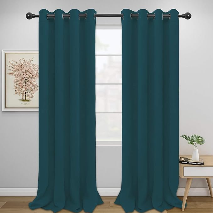 Easy-Going Blackout Curtains for Bedroom, Solid Thermal Insulated Grommet and Noise Reduction Window Drapes, Room Darkening Curtains for Living Room, 2 Panels (52x96 in,Peacock Blue)