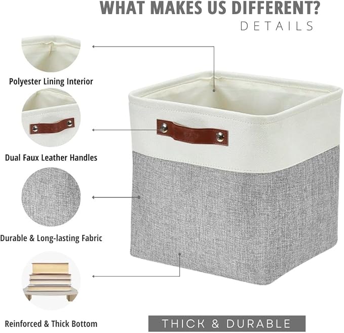 DECOMOMO Storage Cubes, 11x11 Cube Storage Bins, Baskets for Shelves (Grey & White, Cube 11" - 4 Pack)