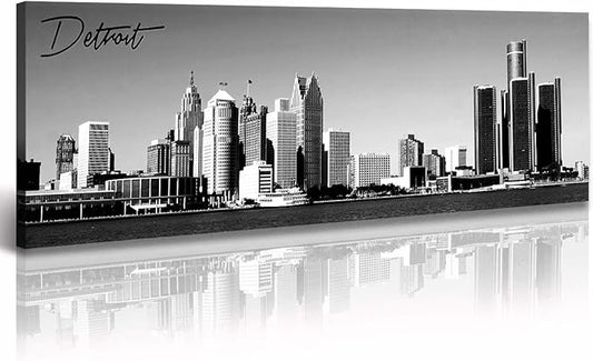 DJSYLIFE Detroit Skyline Wall Art Black and White Canvas Prints USA Skyscraper Panoramic Cityscape Picture for Bedroom Office Home Decoration Ready to Hang 13.8" x 47.3"