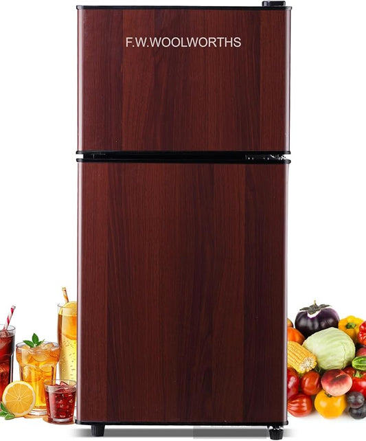 3.5 Cu.Ft Mini Fridge with Freezer, Compact Refrigerator with 2 Doors for Office, Kitchen, Dorm and Bedroom, Small Fridge with 7 Level Temp Adjustable Thermostat, Wood