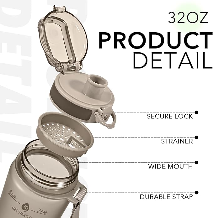32oz Motivational Water Bottles with Time Marker & Fruit Strainer, Transparent Gradient Color Water Bottle with Times to Drink, Leakproof & BPA Free, Reusable Bottle with Strap (No Straw)
