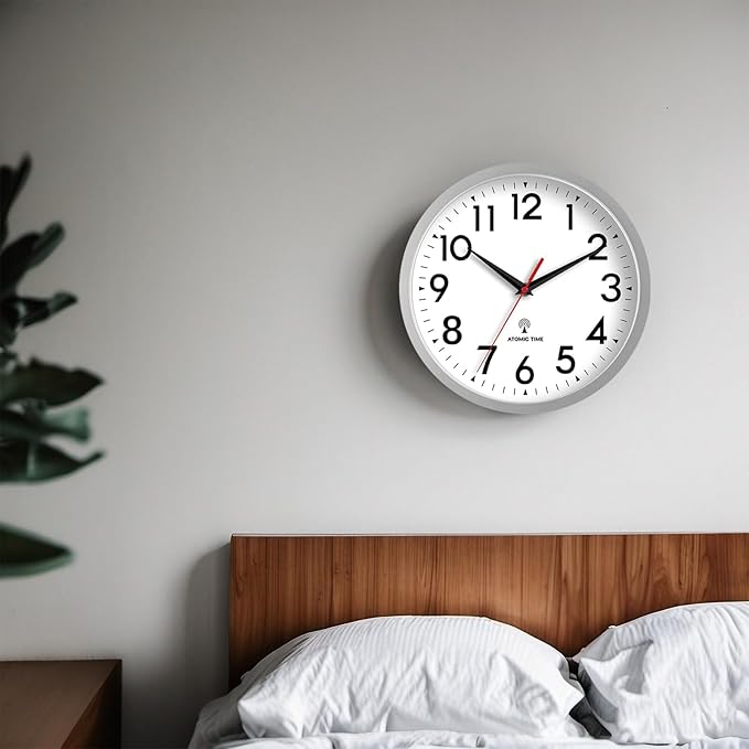 Atomic Wall Clock Analog 12 Inch Battery Operated Modern Decorative for Living Room Kitchen Office Bedroom Bathroom(Silver)