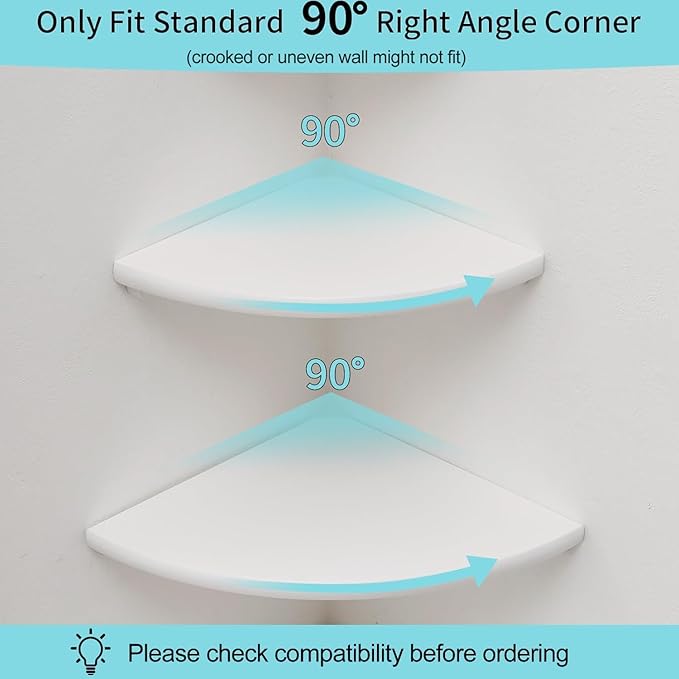 Corner Shelf, Solid Oak Wood Floating Corner Shelf Wall Mount Round End Floating Speaker with Wire Hole for Small Plant Photo for Bedroom Kitchen, Living Room White