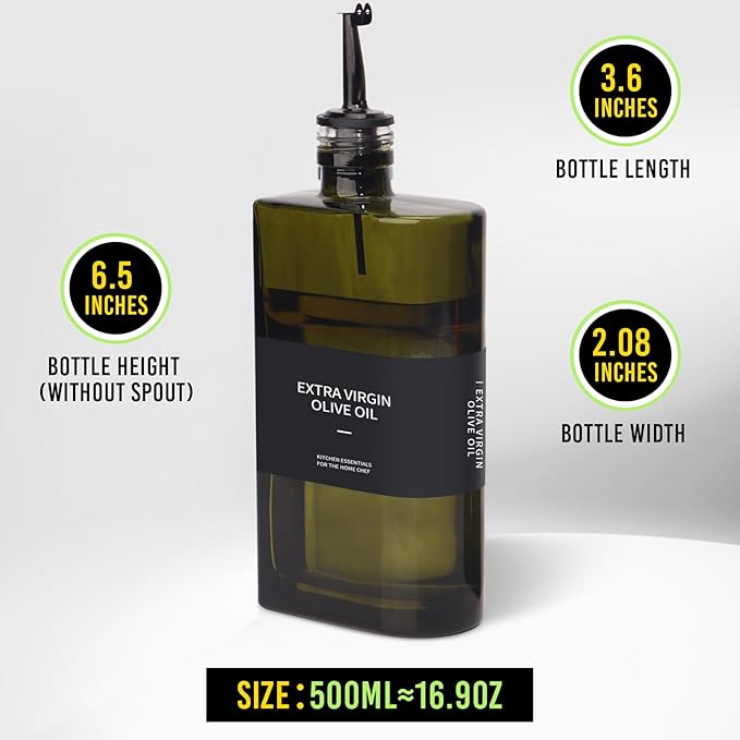 Glass Multi-Purpose Kitchen Dispenser Set | Universal for Olive Oil, Vinegar, Soy Sauce, and Syrup with Stainless Steel Pourers,2-Pack Dark Green,Avoid Sunlight