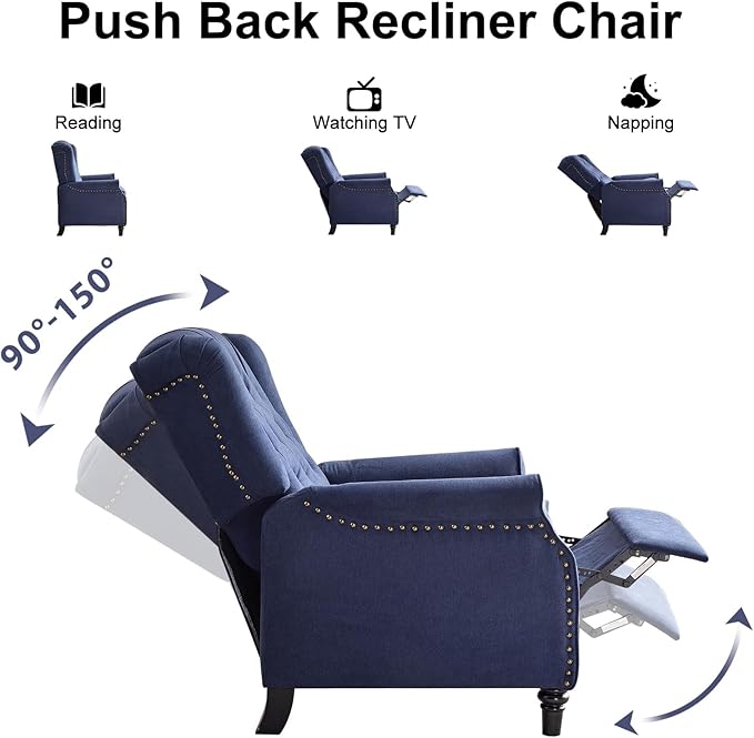 EBELLO Pushback Recliner Chair, Fabric Armchair Push Back Recliner with Rivet Decoration, Single Sofa Accent Chair for Living Room, Bedroom, Navy Blue