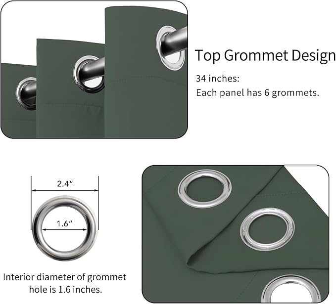 Easy-Going Blackout Curtains for Bedroom, Solid Thermal Insulated Grommet and Noise Reduction Window Drapes, Room Darkening Curtains for Living Room, 2 Panels (34x45 in, Greyish Green)