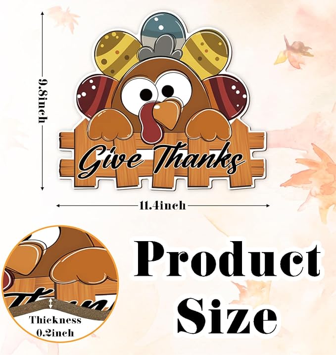 Give Thanks Sign Turkey Front Door Decor Thanksgiving Day Wood Door Hanger, Fall Wooden Thankful Wreath Hanging Decoration for Outdoor Outside Porch, Housewarming Gift