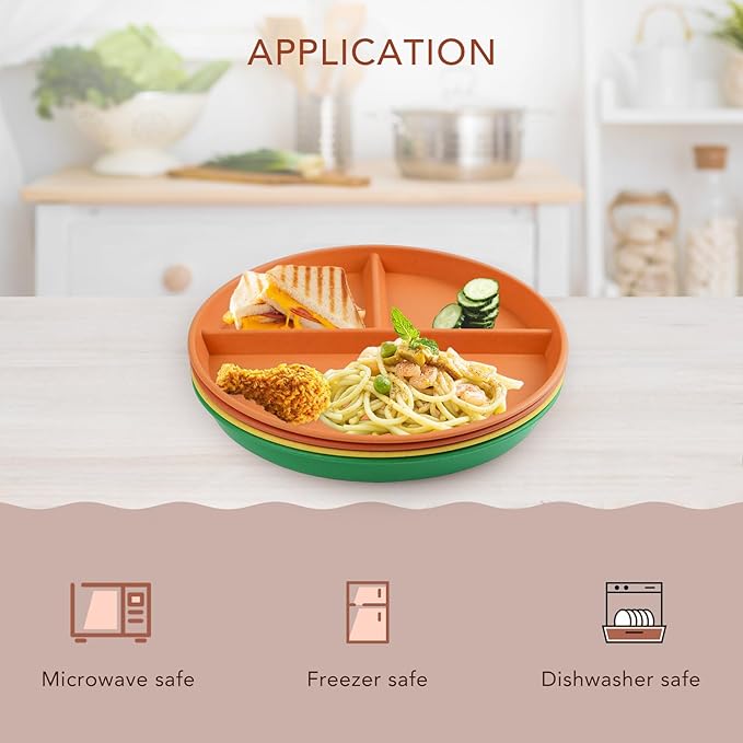 greenandlife 9 Inch 4PCS Unbreakable Portion Control Plates, Divided Plates for Kids Adults, Dishwasher & Microwave Safe Compartment Plate, Lightweight Reusable Wheat Straw Plate, BPA Free