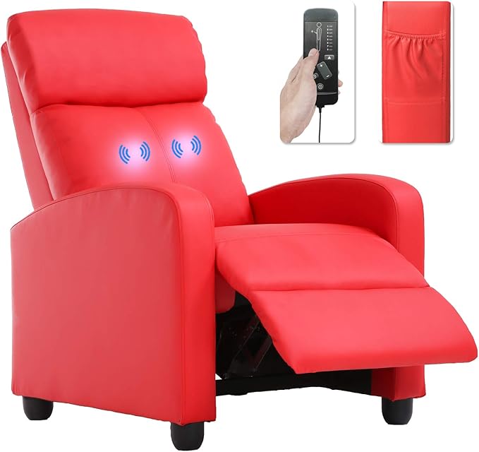 BestMassage | Recliner Chair | with 2 Point Massage Function | Pu Red | with Lumbar Support, Adjustable Push Back, Footrest & Padded Seat | Easy Assembly | for Living Room, Home Theatre