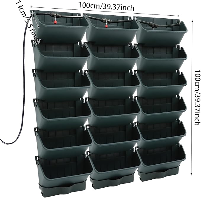 18 Pots Self-Watering Vertical Wall Planter, 39.4”L x 39.4”H Stackable Plastic Wall-Mounted Plant Grow Pots, Wall Hang Garden Planter Outdoor Indoor for Herbs Flowers Strawberries (Green)
