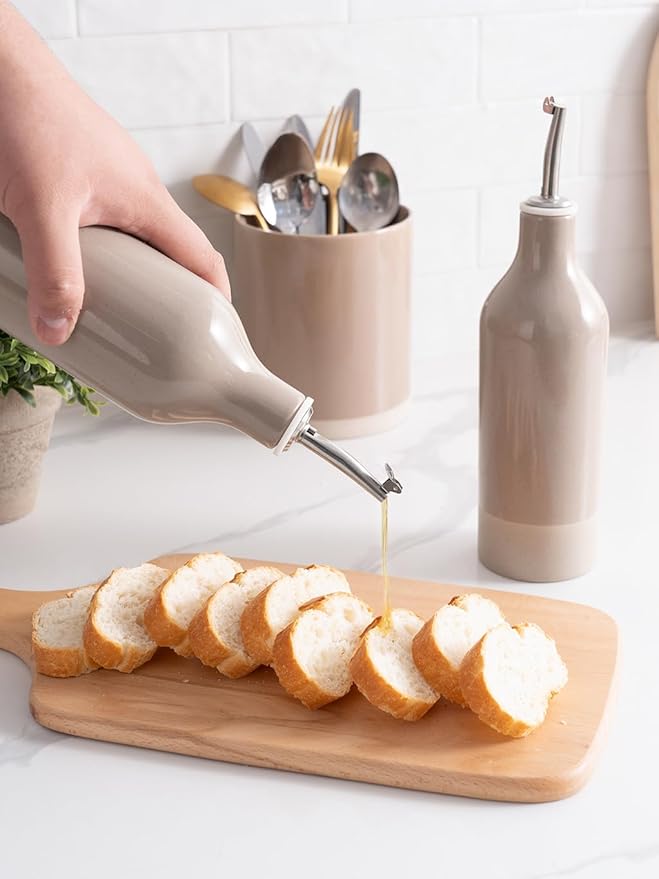 famiware Milkyway 16oz Ceramic Olive Oil Dispenser Bottle, Olive Oil and Vinegar Dispenser Bottle Set of 2 with Stainless Steel Pourers, Suitable for Storage Vinegar, Liquids, Cinnamon Brown