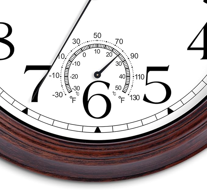 14 Inch Outdoor Wall Clock with Thermometers, Vintage Silent Wall Clocks Battery Operated, Retro Non-Ticking Clock Decorative for Living Room, Patio, Kitchen, Office, Bathroom, Bedroom(Bronze)