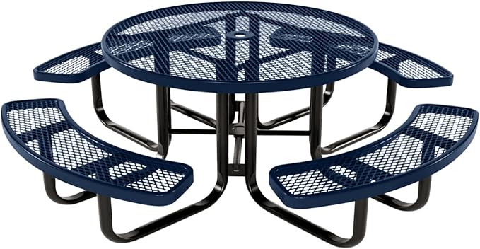 Coated Outdoor Furniture Heavy-Duty Portable Outdoor Kids Table with Umbrella Hole, Expanded Metal Kids Picnic Table, Commercial-Grade, Made in America (46 In, Round, Childrens, Textured Dark Blue)