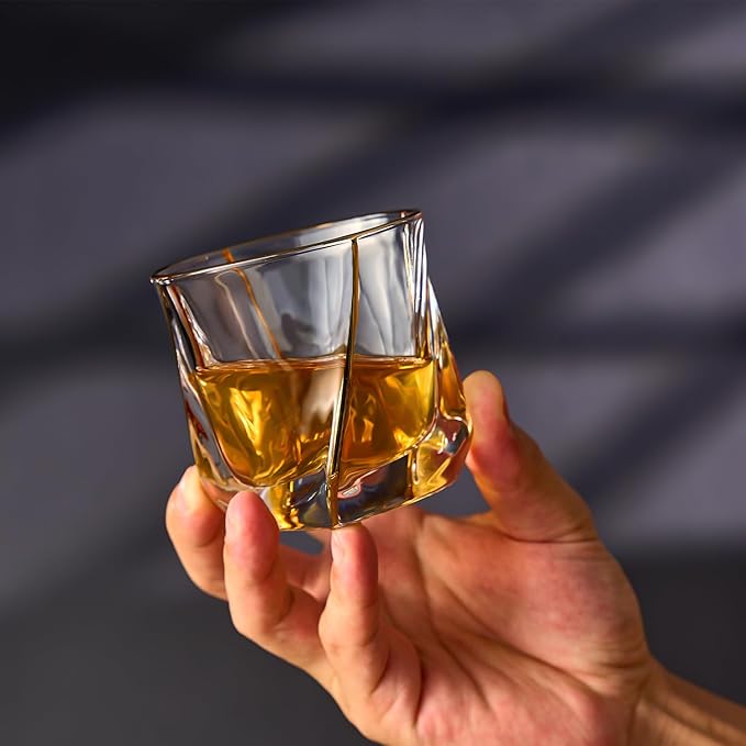 Crystal Whiskey Glasses Set of 2 with 24K Gold Rim,Bar Glasses,Twisted Whiskey Glass Gold Collection for Bourbon,Scotch and Wine,Rock Barware for Men Gift - 8oz