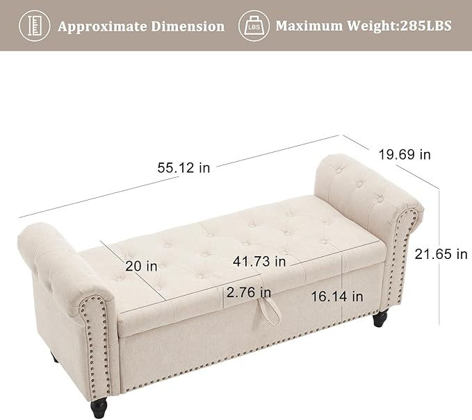 Furniliving 55” End of Bed Bench, Bedroom Bench with Button-Tufted, Large Upholstered Storage Ottoman Entryway Bench with Storage Shoe Cabinet Bench, for Bedroom, Linen, Camel
