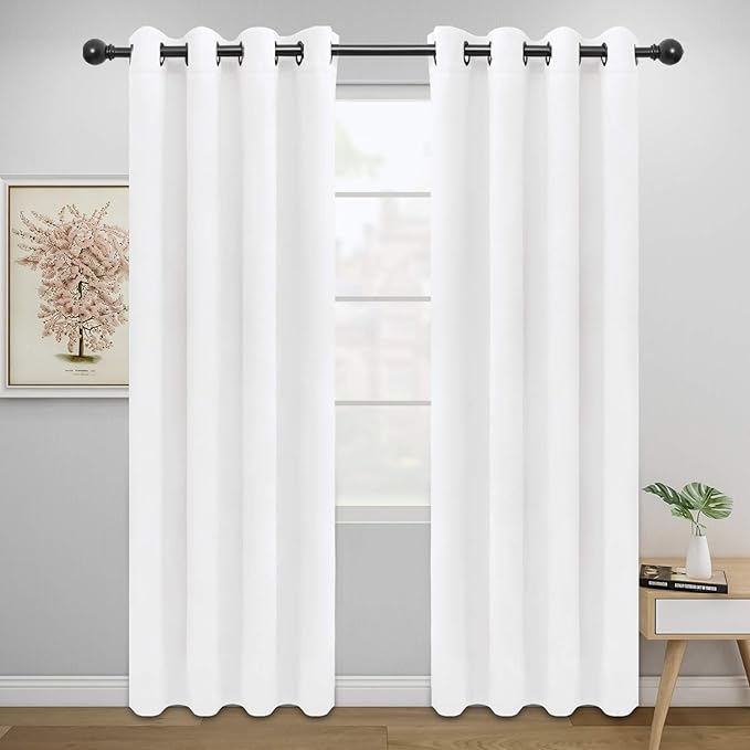 Easy-Going Curtains for Bedroom, Solid Thermal Insulated Grommet and Noise Reduction Window Drapes, Room Darkening Curtains for Living Room, 2 Panels (52x84 in,White)