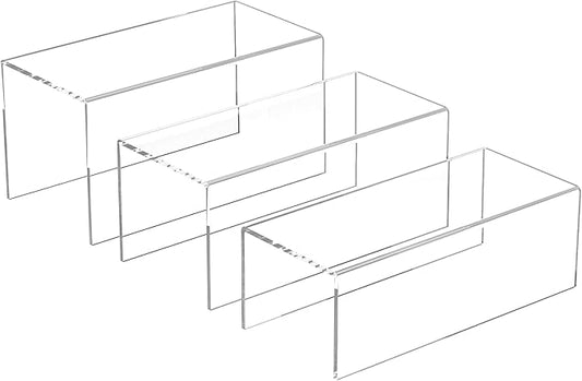 Clear Display Risers Shelf 3pcs, Countertop Rectangular Acrylic Display Storage Organizer, Acrylic Stands for Funko Pop Figure, Cosmetics, Bags, Shoes, Toys, Collectibles - 12- 4'', 5'', 6''