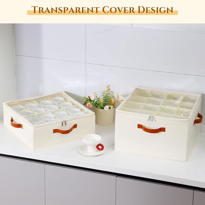 2 Pack Cup and Mug Storage Box with Dividers and Hard Shell, Stackable Coffee Cup Storage Organizer with Lid, Zipper, and Handles for Coffee Mugs, Cups, Glasses, Stemware Storage Containers for Moving