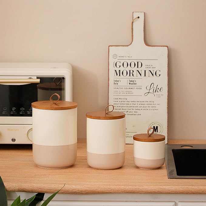 Coffee Canister, Ceramic Food Storage Jars with Lids Salt Matcha Container Brown Sugar Container Bowl for Kitchen Tea, Coffee Beans, Spice (#001Khaki-Set of 3)