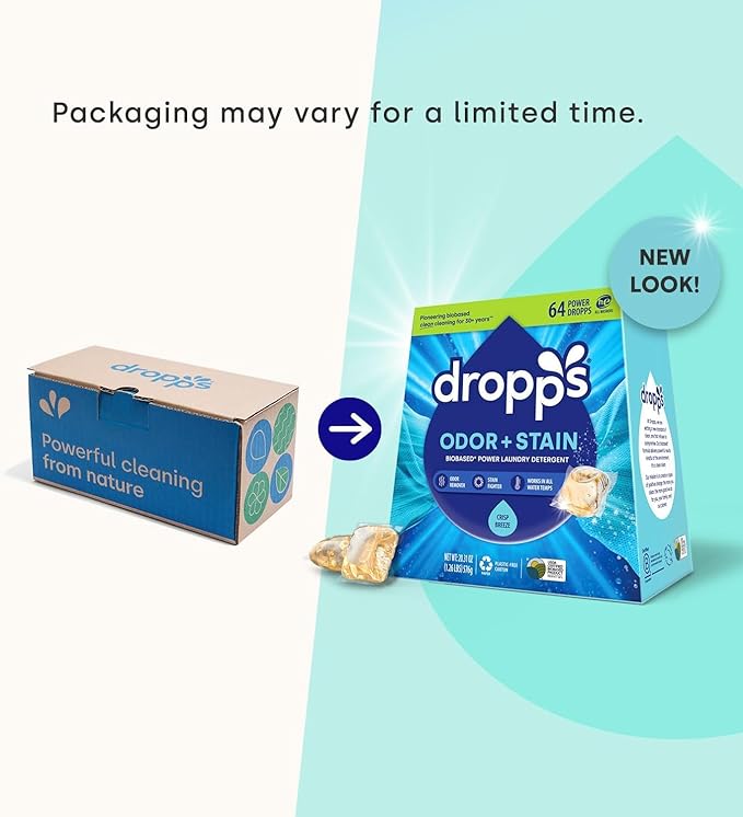Dropps Odor & Stain Biobased Power Laundry Detergent Pods, Crisp Breeze (64 Pods) - HE Compatible Laundry Pods for Fresh Clothes - Laundry Soap Supplies & Recyclable Paperboard Packaging