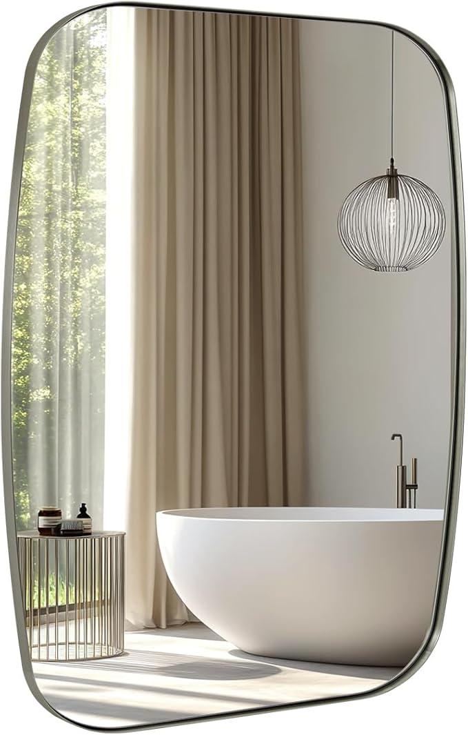 ANDY STAR Brushed Nickel Bathroom Mirror, 30x36’’ Oblong Mirror with Stainless Steel Metal Frame, Silver Oval Vanity Mirror for Over Sink, Modern Anti Rust Wall Mounted