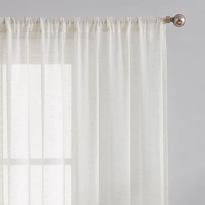 FMFUNCTEX Linen Sheer Curtains for Living Room, Beige Curtains 108 inches Long for Bedroom, Natural Flax Blend Window Draperies for Farmhouse Curtain, Rod Pocket 2 Panels