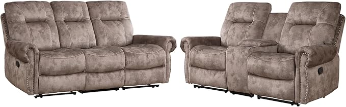 EBELLO 2 Pieces Manual Reclining Couch Furniture Set for Living Room, 2 Seat Loveseat and a 3 Seater Sofa, Vintage Rivet Mid-Century Design for Living Room, Brown